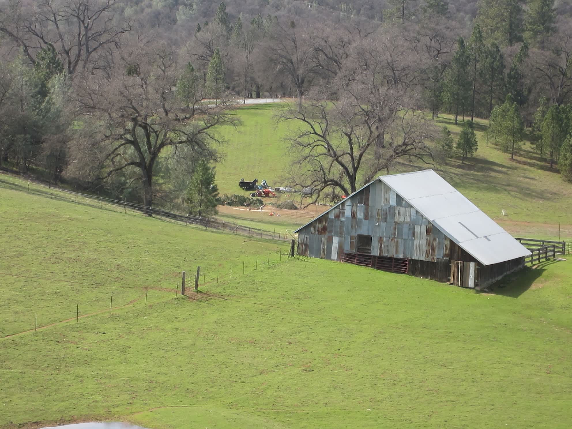 The Irish Creek Ranch barn in spring, green pasture and oaks running down to the fence line